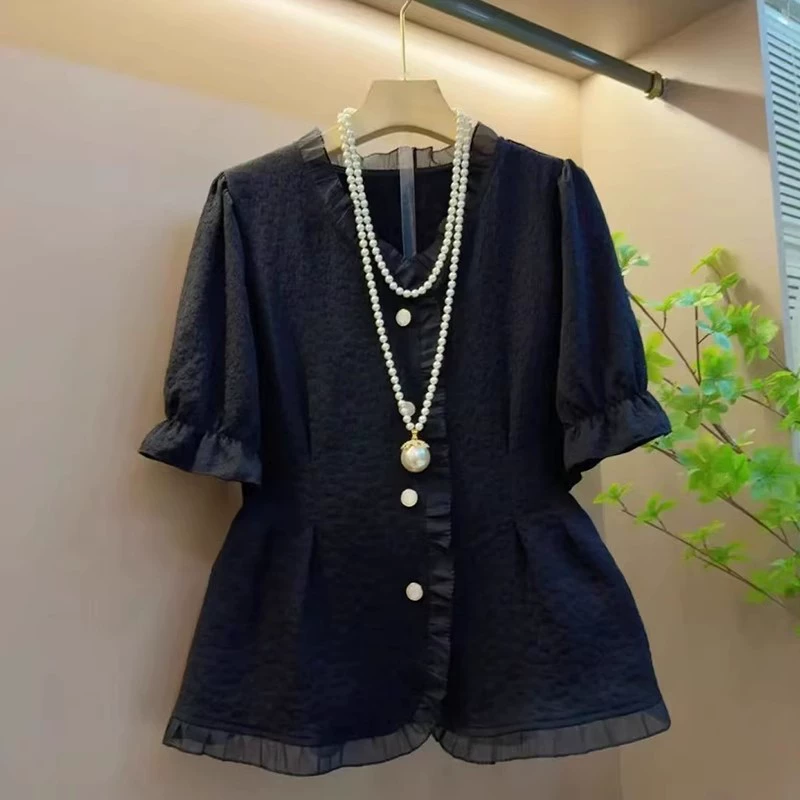 Французские легкие роскошные женские рубашки больших размеров, лето 2025, новый стиль, удобные и модные топы с короткими рукавами