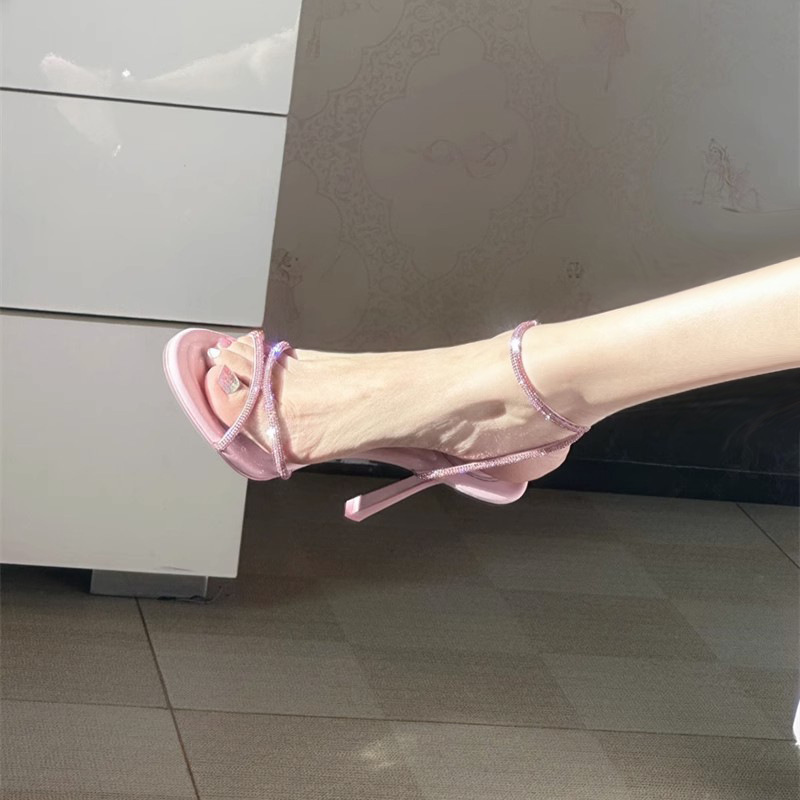 Spring and Summer 2023 New Pink High Heels Women's Stiletto Sexy Open Toe Buckle Strap Rhinestone Letter Sandals for Women