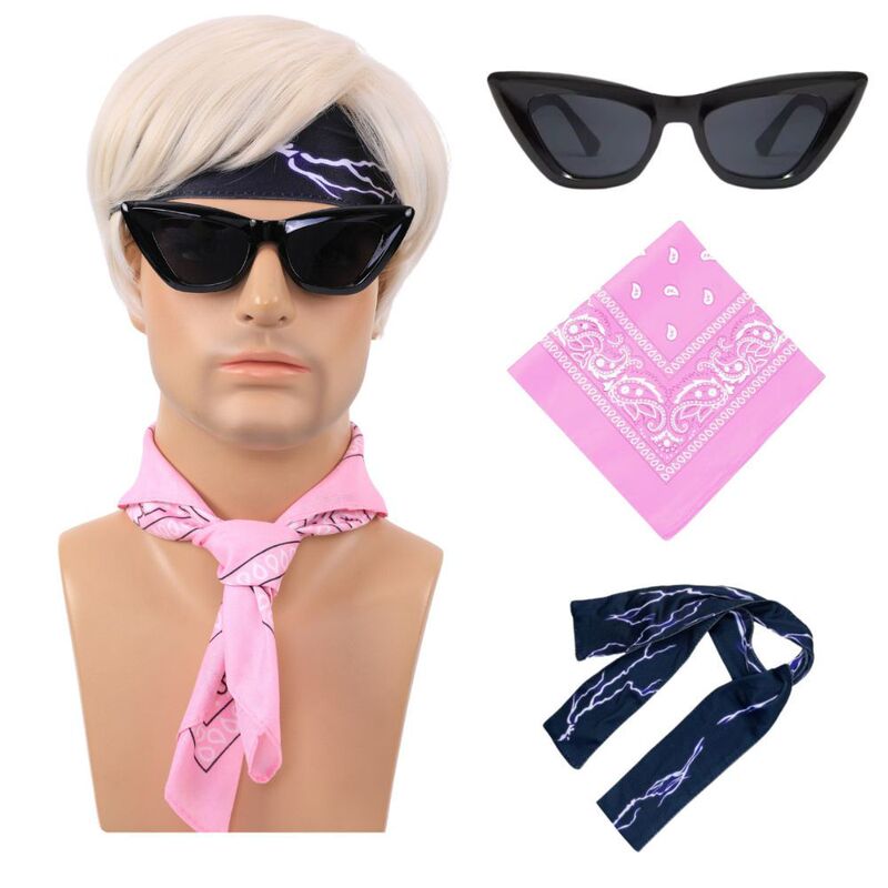 Real-Life Barbie Male Character Ken Cosplay Wig with Accessory Set, Light Blonde Short Hair, Movie Merchandise Headwear