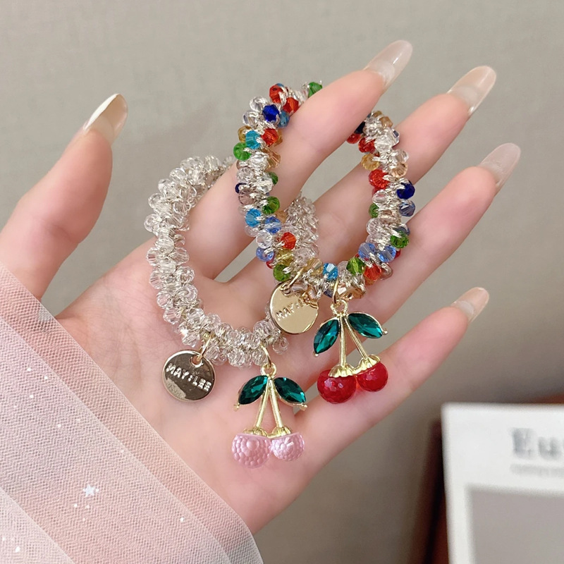 髪の輪のひもの女性韓国の高級感の卸売りの高弾力の新型のさくらんぼのブレスレットの両用の水ドリルの皮の筋|undefined