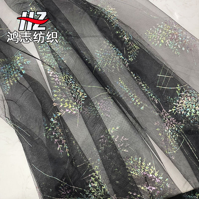 网红款特密网纱烫树叶幻彩膜 女童女装公主裙网纱服装面料批发