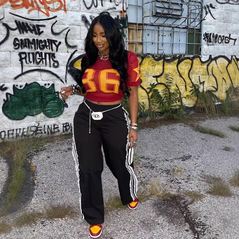 European and American New 2024 Summer Knitted Stitching Fashion All-match Mesh Breathable Sports Sweater Short-sleeved Top for Women