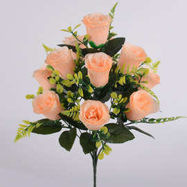 假花仿真玫瑰花批发12头玫瑰花家居装饰婚礼布置塑料玫瑰假花厂家