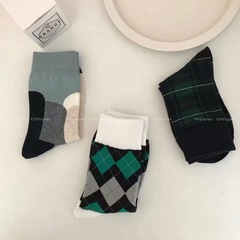 Korean Version Ins Green and Gray Striped Socks with Personality Splicing Forest System Mid-Calf Socks Student College Style Retro Socks for Girls