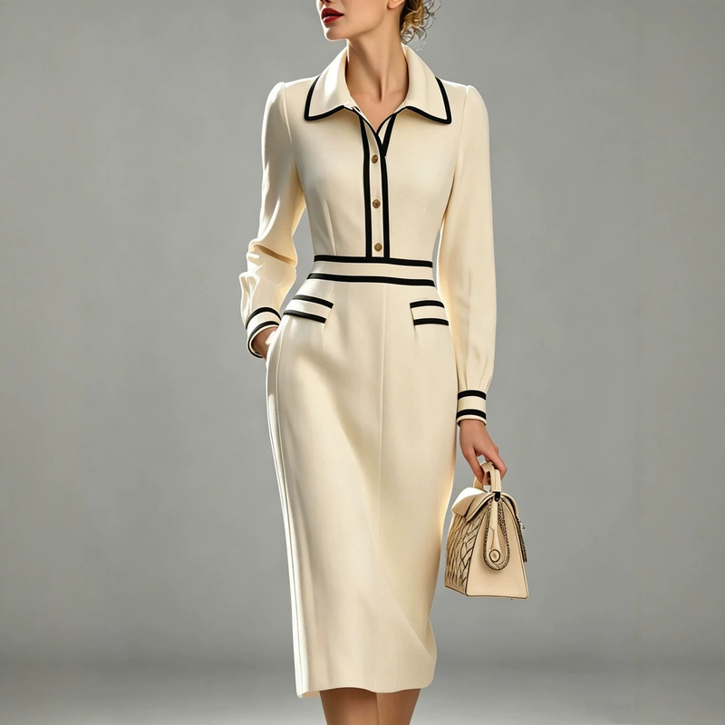 2026 Cross-Border Amazon Autumn and Winter New Style Chanel-Inspired Color-Blocking Waist-Cinching Dress, Slimming and Elegant Mid-Length Dress for Work