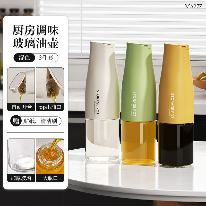 Botella de aceite de vidrio de cocina doméstica a prueba de fugas de gran capacidad de salsa de soja vinagre botella de condimento de aceite y sal tanque de condimento de apertura y cierre automático