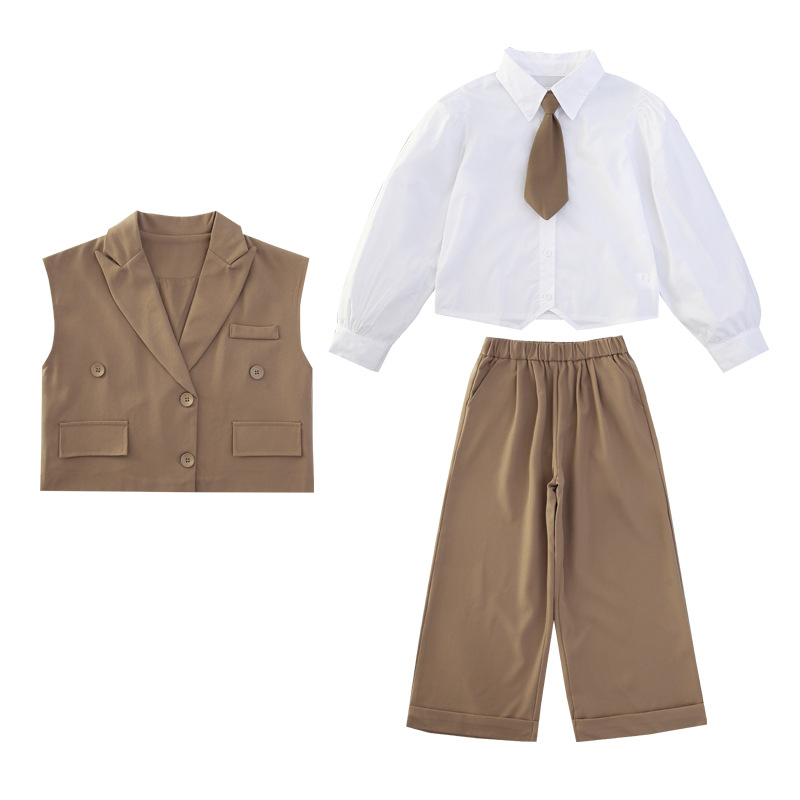 女の子の秋の服の新しいファッション 2025 新しい韓国スタイルの女の子のファッショナブルなインターネット有名人の長袖スーツベストとズボンのスーツ