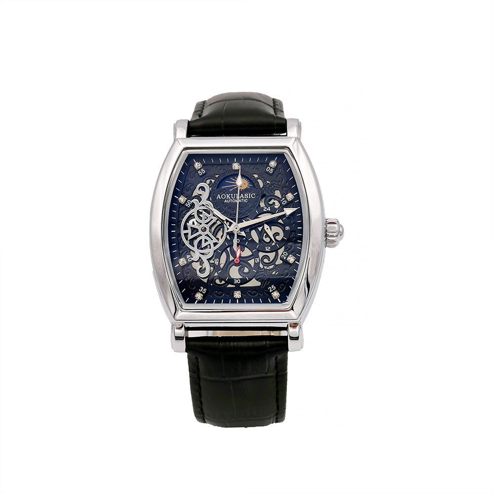 Barril de vino Reloj mecánico automático hueco-hacia fuera transparente azul claro vidrio luminoso de cuero impermeable de los hombres hebilla de mariposa Mesa multifunción