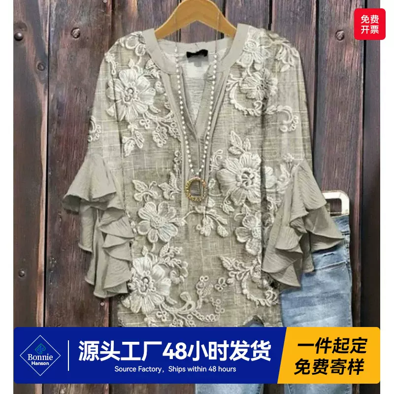 跨境新品创意花卉元素3D数码印花休闲潮流V领荷花边T恤女上衣