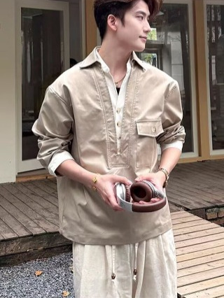 老钱风潮流假两件拼接长袖衬衣男春秋新款宽松时尚休闲长袖衬衣男|undefined