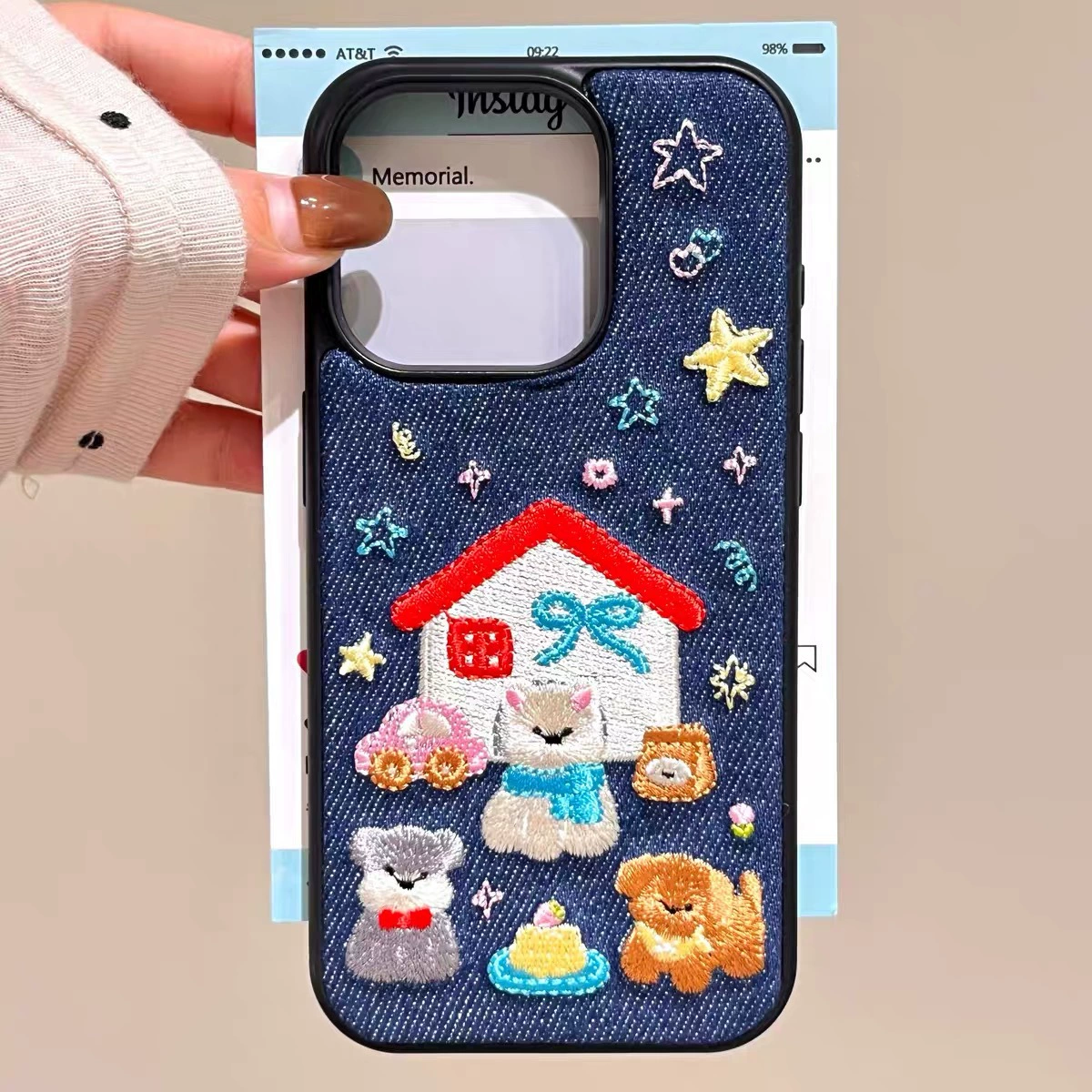 Корейский осенне-зимний джинсовый чехол с вышивкой, подходит для 16 Pro Max/15 Pro/13, забавный домик для собачки, милые стили