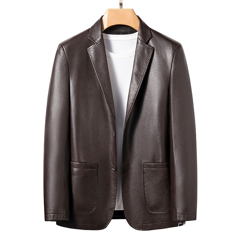 Leather Jacket Spring and Autumn Leather Suit Sheepskin Jacket Men's Slim-Fit Business Casual Leather Suit Black