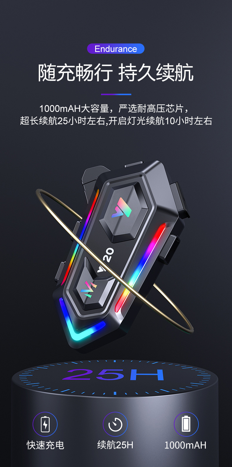 New Y20Y20Max Motorcycle Helmet Bluetooth Headset Rgb Colorful Lights Waterproof Mixing Sound Noise Reduction in Stock