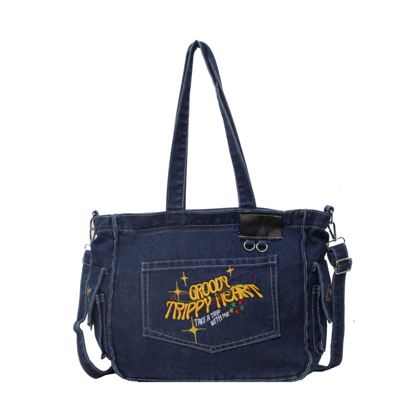 Nuevo bolso de mezclilla bordado de gran capacidad bolso de hombro de estilo universitario retro bolso de viaje de viaje de moda