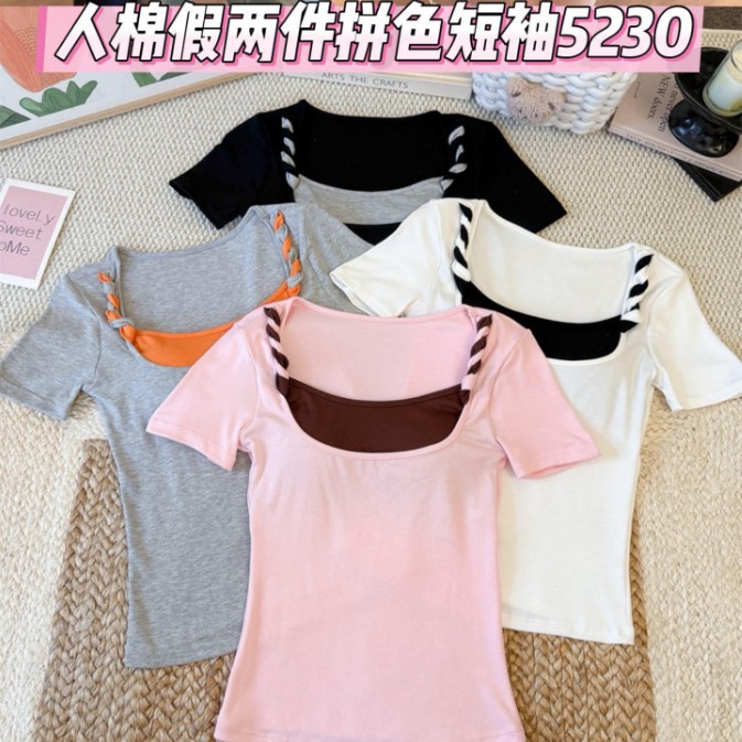 5230 # Two-tone fake two-piece round-neck short-sleeve t-shirt for women with built-in chest pads, comfortable and slim-fitting, suitable for both inner and outer wear