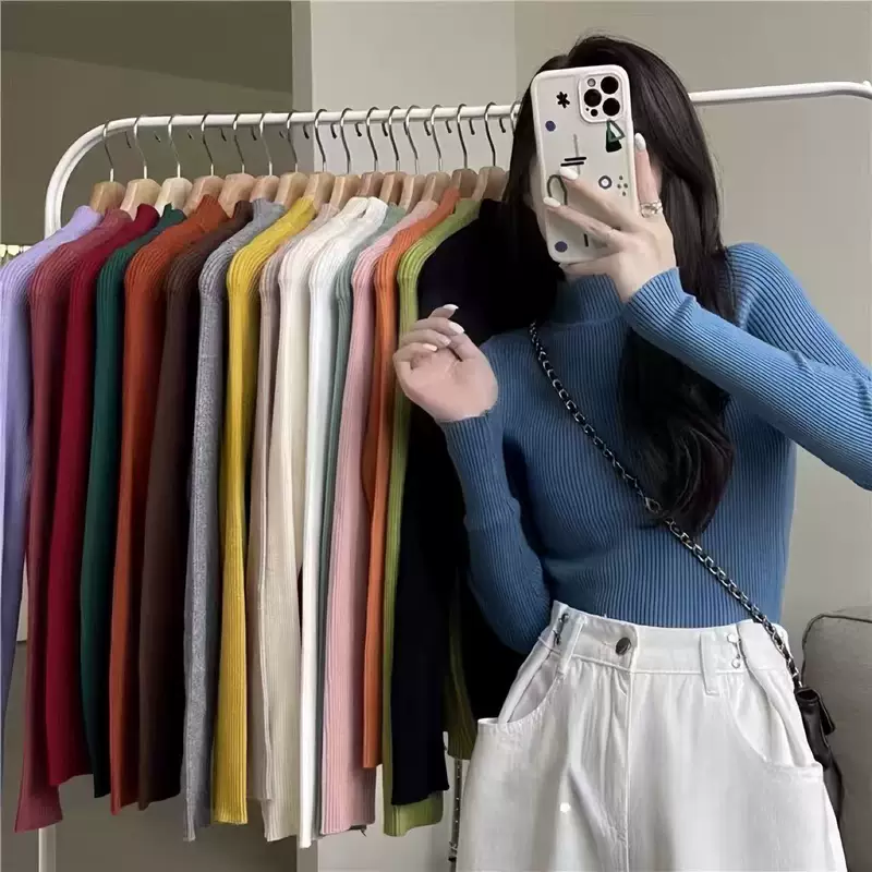Осень длинный рукав, базовый базовый файл, эластичный свитер, Slim Fit, высокий воротник, корейский стиль