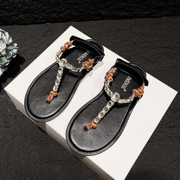 Dép sandal nữ quai ngang thắt nút, đế bằng, khóa dán, mũi tròn — Màu nâu pha lê, Màu nâu thắt nút, Màu đen thắt nút