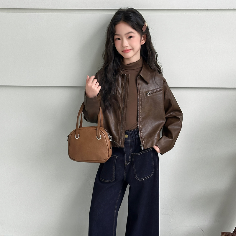 Girls' Leather Jacket Spring and Autumn 2025 New Style for Older Girls Trendy Cool Outfit Autumn Short Leather Coat
