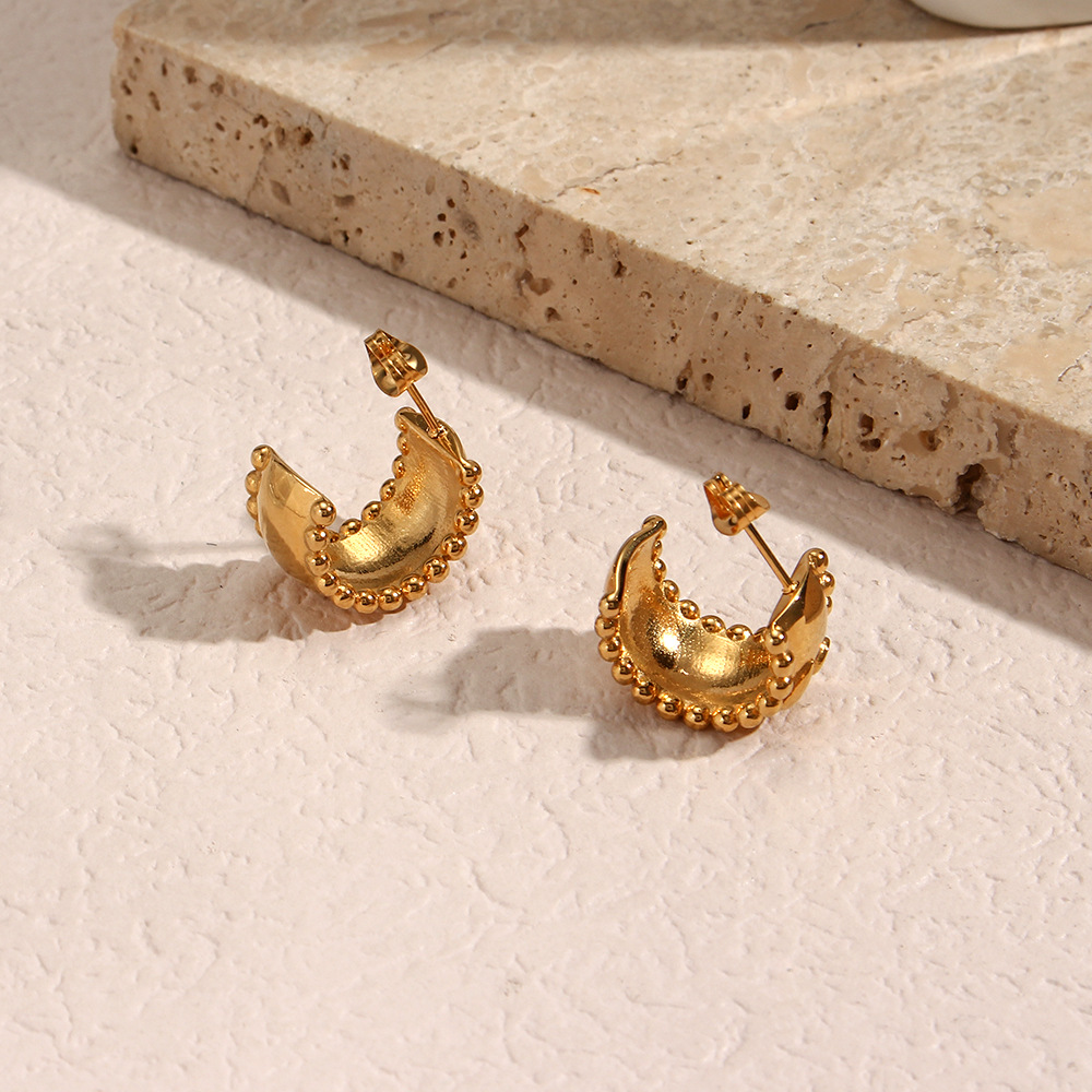 Fashion Geometric Retro 18K Gold Moon Zircon Thick Stainless Steel Earrings