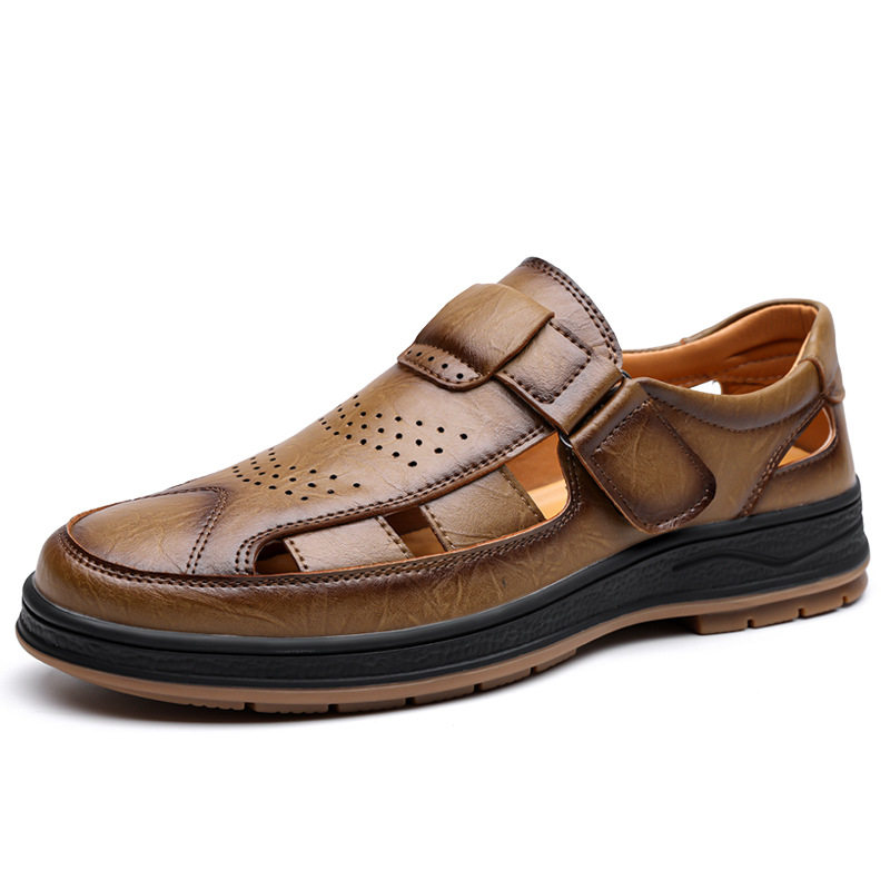 Giày sandal nam cỡ lớn thoáng khí khoét lỗ khóa dán — Màu nâu, màu đen