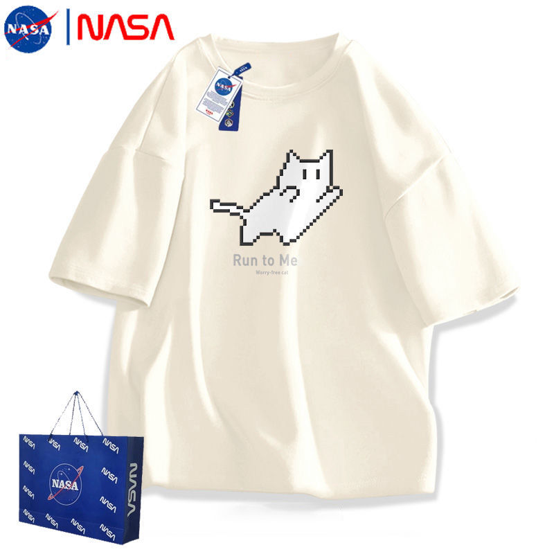 NASA Japanese Short-sleeved T-shirt Men's 2024 New Teenager Cat Fashionable Half-sleeved Summer Couple's Pure Cotton T-shirt
