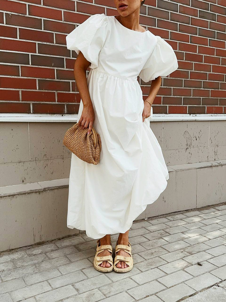 Đầm liền nữ cổ tròn tay phồng cotton dáng rộng màu trơn — Màu trắng