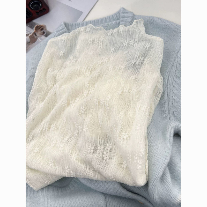 Lace Gauze Half Turtleneck Long-Sleeved Top with Stylish New Style Thin Mesh Bottoming 2025 Black