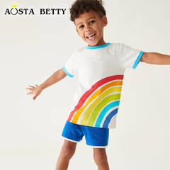 2024 Summer New Boys' T-shirt European and American Style for Young Children with Cartoon Rainbow Print Children's Crew Neck Short Sleeve Top