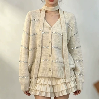 韩系新款复古慵懒风V领飘带亮片针织开衫女秋冬宽松收腰软糯毛衣