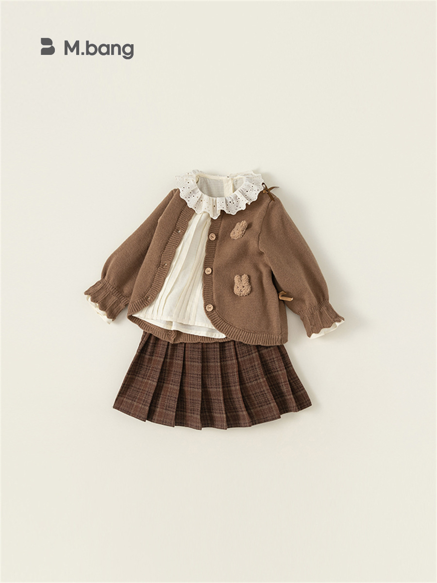 Conjunto para Niñas de Cárdigan y Falda Plisada de 3 Piezas en Fibra Acrílica Suave para Primavera y Otoño
