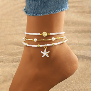 3 pieces of cross-border European and American fashion personalized female anklet suit starfish shell shape beach foot accessories for foreign trade