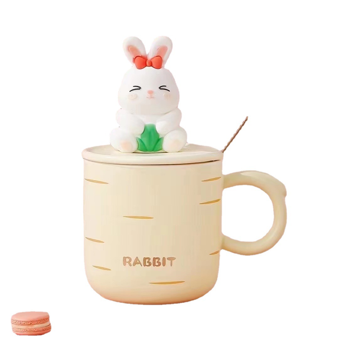 Creativo lindo conejo de dibujos animados Taza de cerámica simple mano regalo taza de café Oficina taza de beber con tapa cuchara