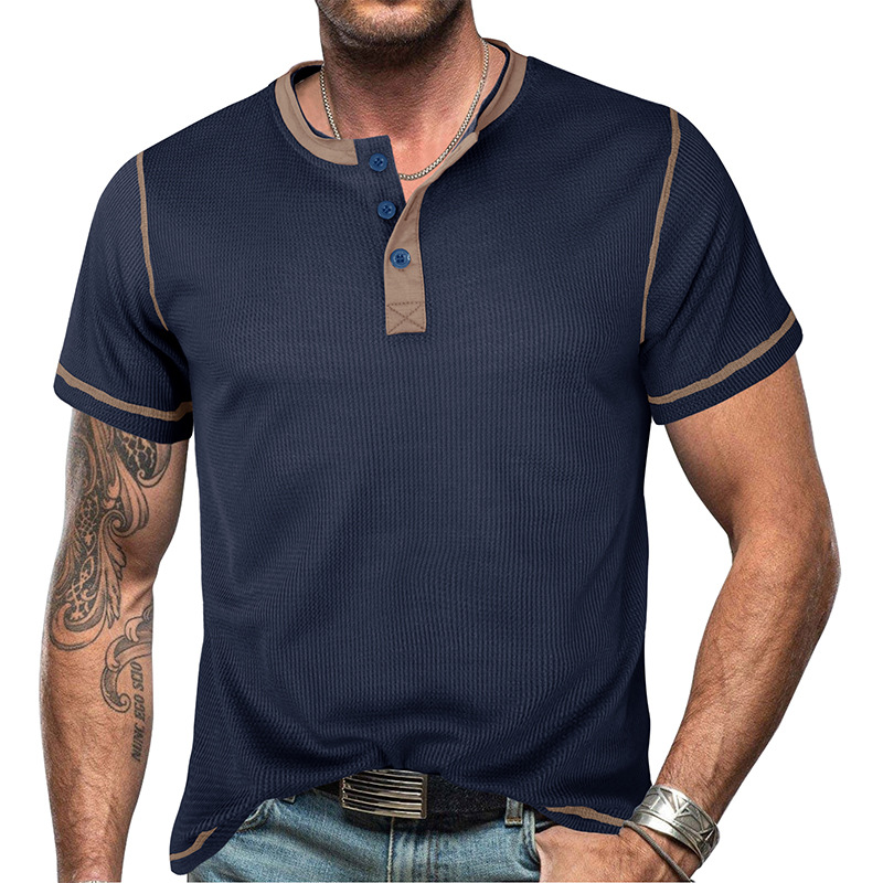 Herren 2023 Sommer Kurzarm Henley Shirt Schönes lässiges Retro T-Shirt Waffel Farbblock Rundhalsshirt_voghion.com