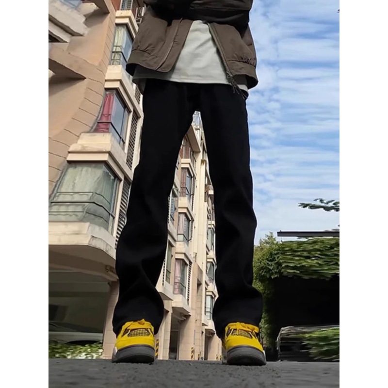 Men's Autumn/Winter Pure Black Fleece-Lined Curved Jeans, Slim Fit, Slightly Flared, Vibe American High Street Style Casual Long Pants