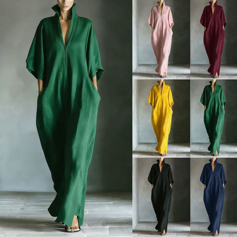 2026 New Foreign Trade Style Mid-Sleeve V-Neck Long Dress, Loose and Simple Design Women's Dress, Wholesale Supply 2026 New Foreign Trade Style Mid-Sleeve V-Neck Long Dress, Loose and Simple Design Women's Dress, Wholesale Supply