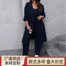 欧美跨境女装秋冬女士纯色时尚性感长袖口袋休闲上衣连体裤两件套