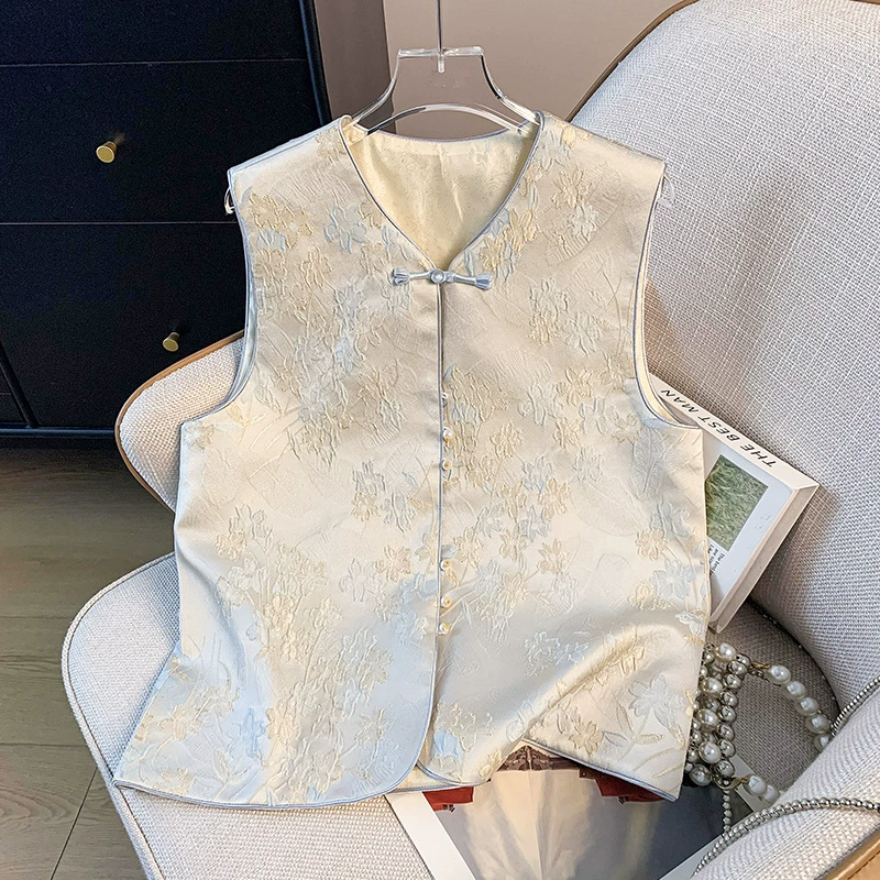 Настоящая фотография нового китайского стиля, древний костюм, ретро-жилет с пряжкой, атласный жаккардовый жилет с вышивкой династии Хань, костюм Тан, жилет, топ для женщин