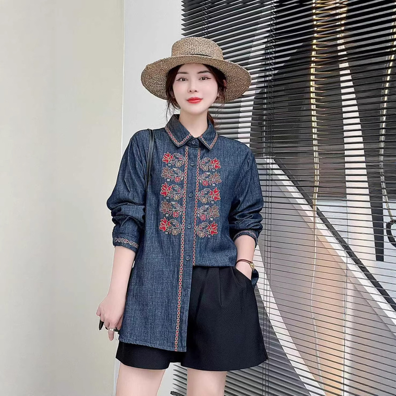 Embroidered Denim Shirt 2026 Spring New Style Artistic Lapel Shirt Loose Long-Sleeved Cardigan Top for Women 5147 Embroidered Denim Shirt 2026 Spring New Style Artistic Lapel Shirt Loose Long-Sleeved Cardigan Top for Women 5147