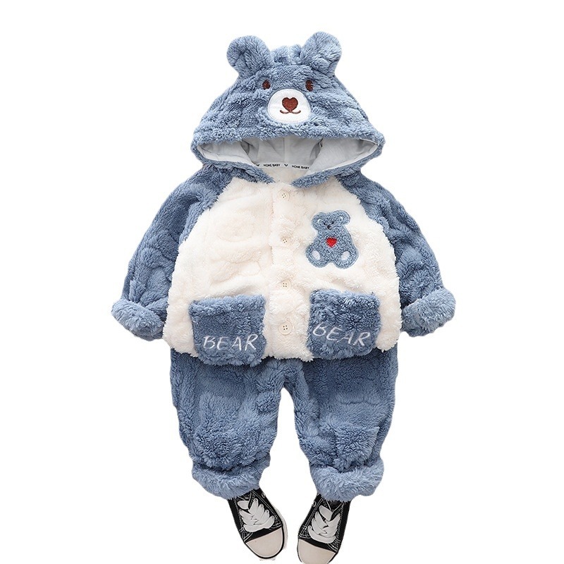Traje de servicio a domicilio de otoño e invierno para niños 2024 nuevo estilo bebé lindo con capucha engrosado más pijama de terciopelo traje de dos piezas