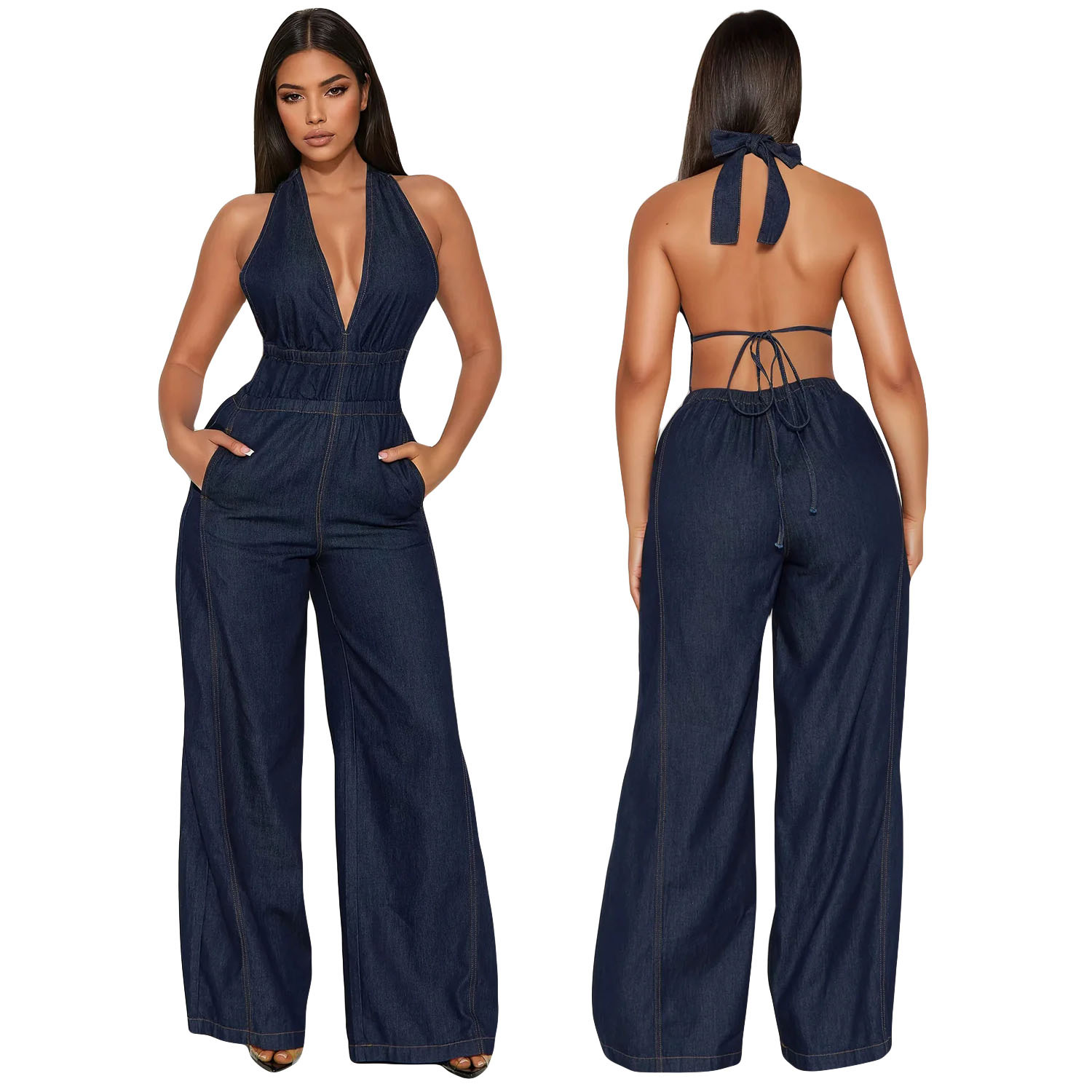 Slim Waist Washed Denim Jumpsuit Sleeveless Overall For Women American Style Straight Loose Fit_ecoleips.com