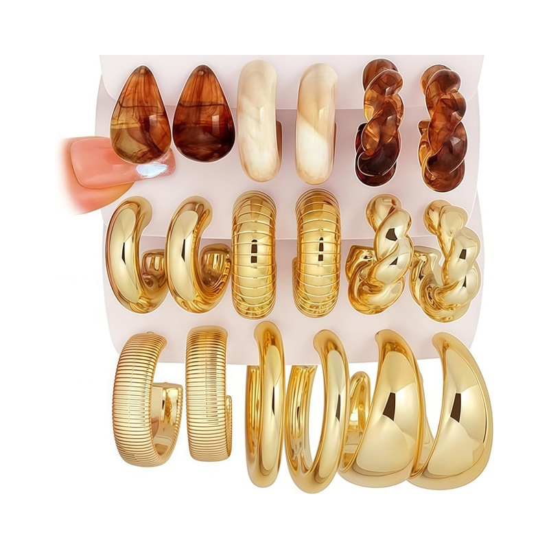 European and American Cross-Border 9-Piece Set of Retro Alloy Thick Hoop Open Simple Women's Earrings Semi-Transparent Women's Ear Studs and Ear Accessories