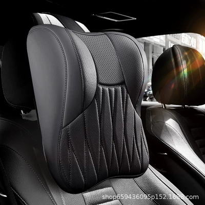 Headrest, Neck Pillow, Seat: Headrest - graphite-black-one-headrest-genuine-leather-c-style-quilted-embroidery-upgraded-3d-full-support