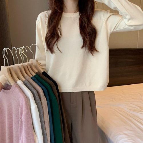 Short Cropped Knit Top for Women, 2025 Fall/Winter Collection: Loose-Fitting Crew-Neck Base Layer with Long Sleeves, Available in Solid Colors