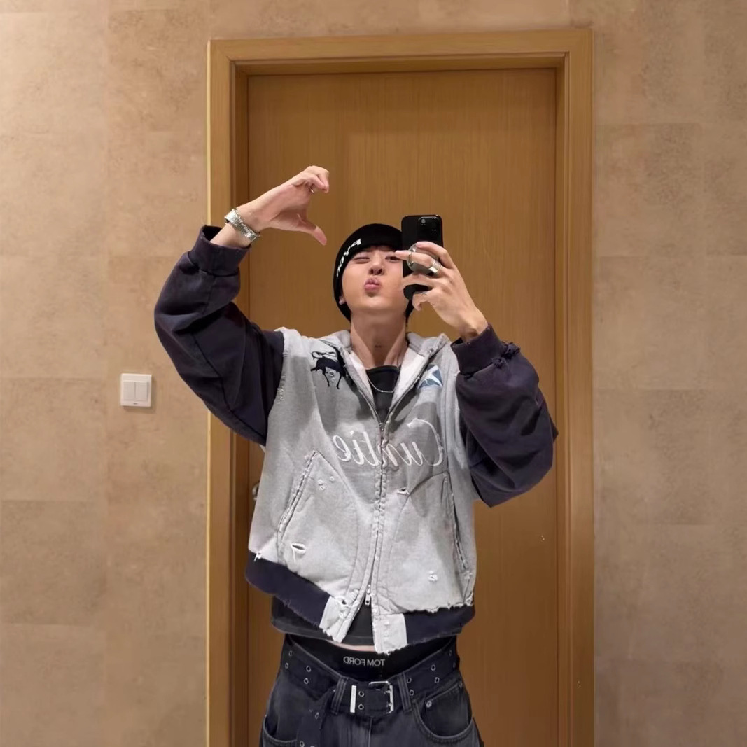 Jimo Grailz War Horse 스플라이스 워싱 디스트레스드 자수 지퍼 카디건 후드 티셔츠 남성용 자켓