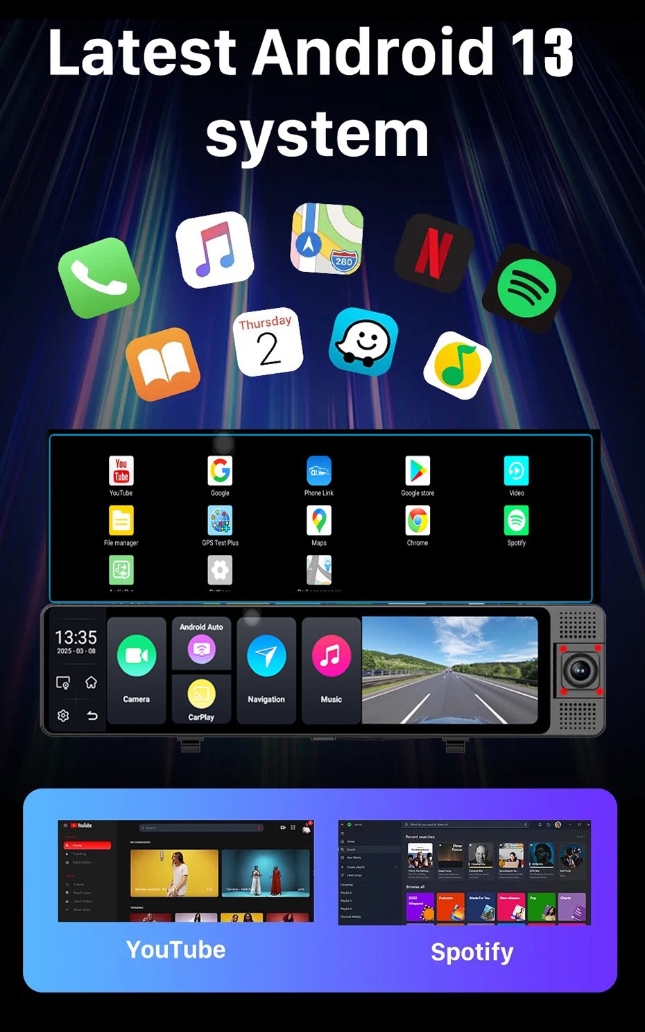 Three-Lens 4g Android 13 System 12-Inch 4+64Gb Large Memory Screen Mirroring Carplay Dash Cam Phone