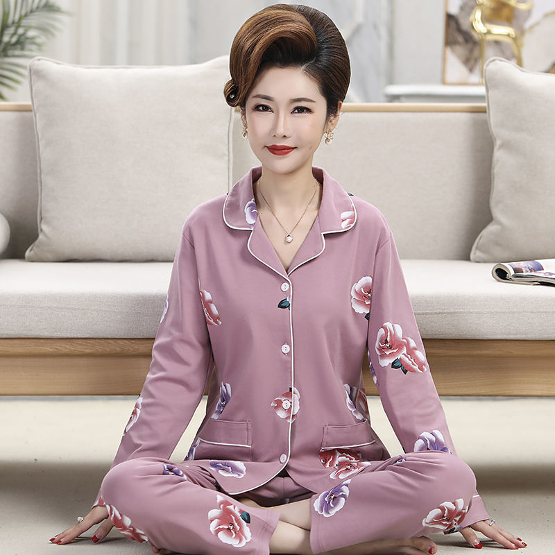 Pijamas de algodón para mujer Primavera y otoño Chaqueta de manga larga de talla grande para mamás de mediana edad traje de invierno de mediana edad y ancianos