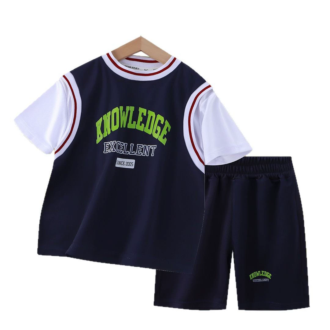 Children's uniform, quick dry breathable set, summer short sleeve T-shirt with letters, travel trousers, sports suit for boys