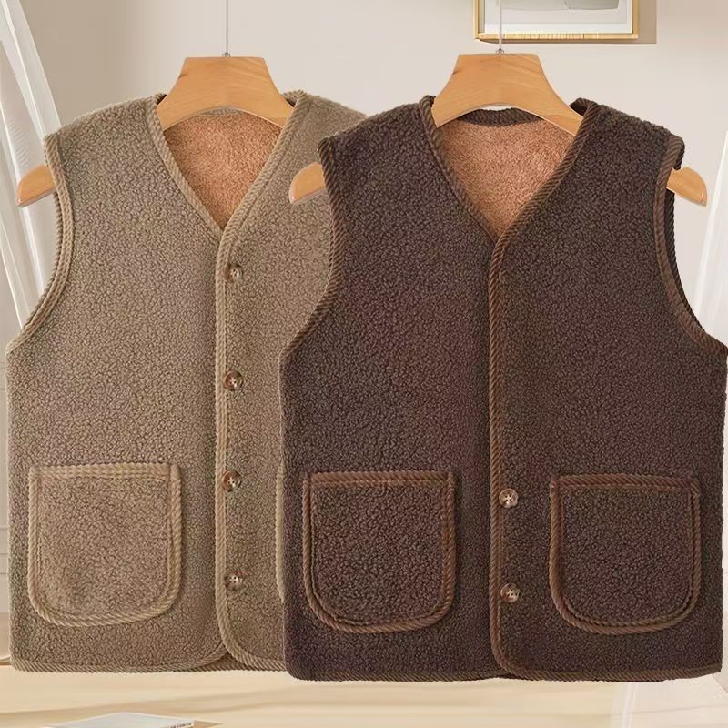 中老年人新款马甲加绒春秋冬季背心加厚保暖加厚颗粒绒小众中国风