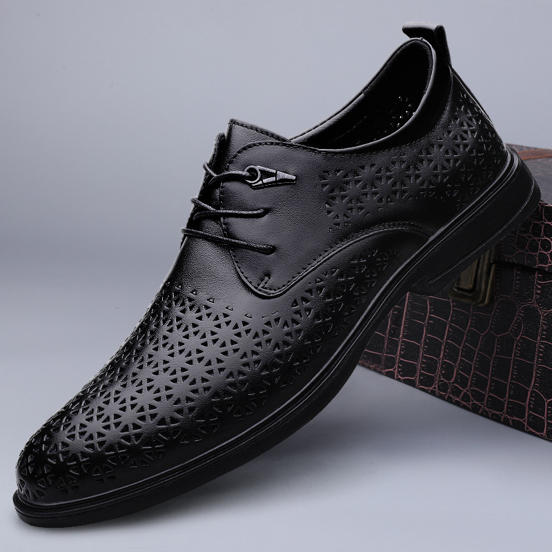 2026 Men's Light Luxury Business Leather Shoes Summer Comfortable Top Layer Cowhide Perforated Office Shoes Breathable Hollow Leather Shoes
