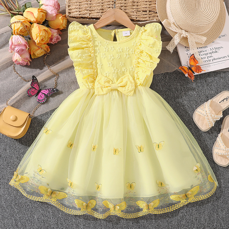 Vestido de niñas ropa infantil europea y americana 26 verano nuevo niño sin mangas encaje empalmado malla dulce vestido de princesa